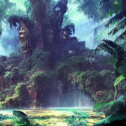 Jungle Temple Digital Painting in Yoji Shinkawa Style