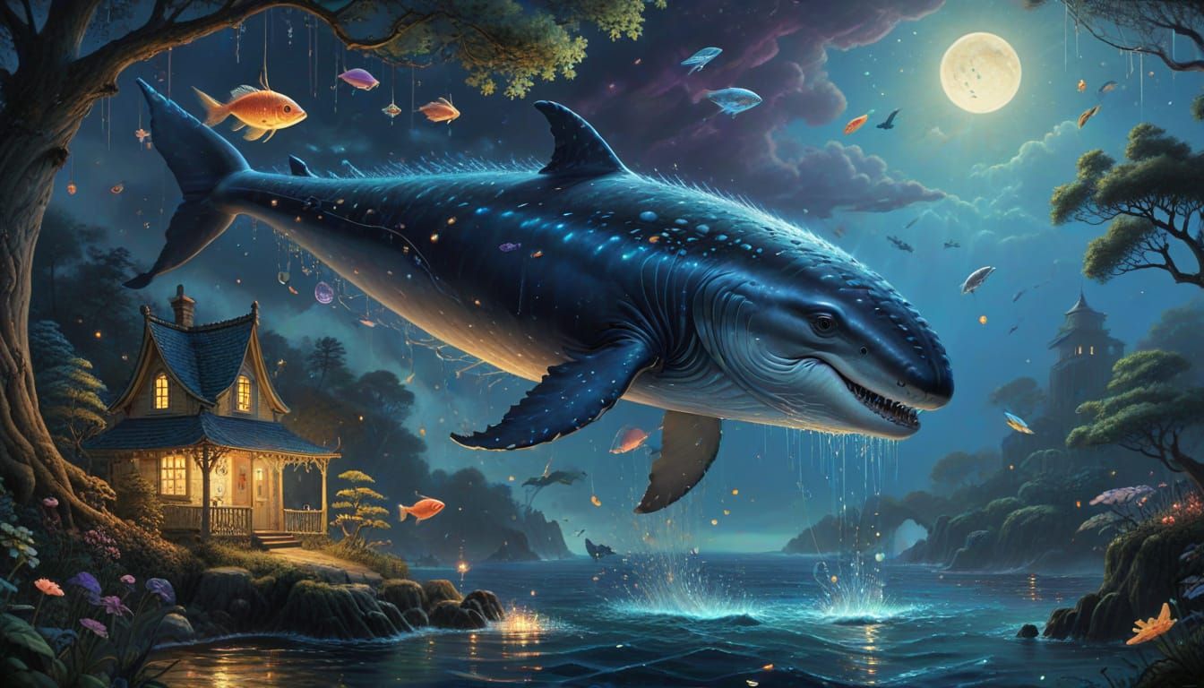 Whimsical Underwater Scene with Blue Whale and Miniature Isl...