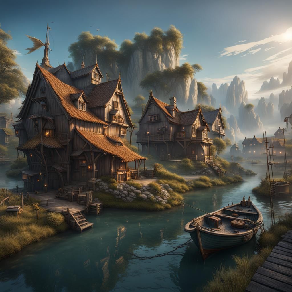 Fantasy Fishing Village: Detailed Digital Matte Painting