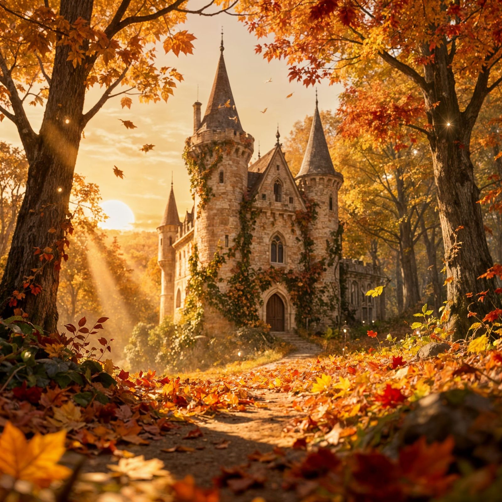 Fairytale Castle in Autumn Forest at Sunset