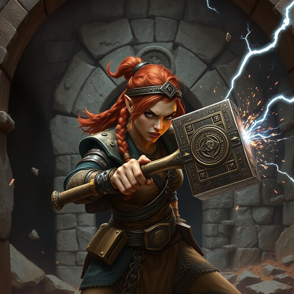 Dwarf Warrior Smashes Stone Gate with Warhammer