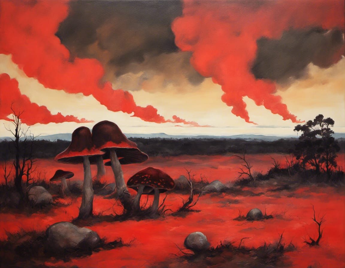 Apocalyptic Mushroom Landscape with Red Sun