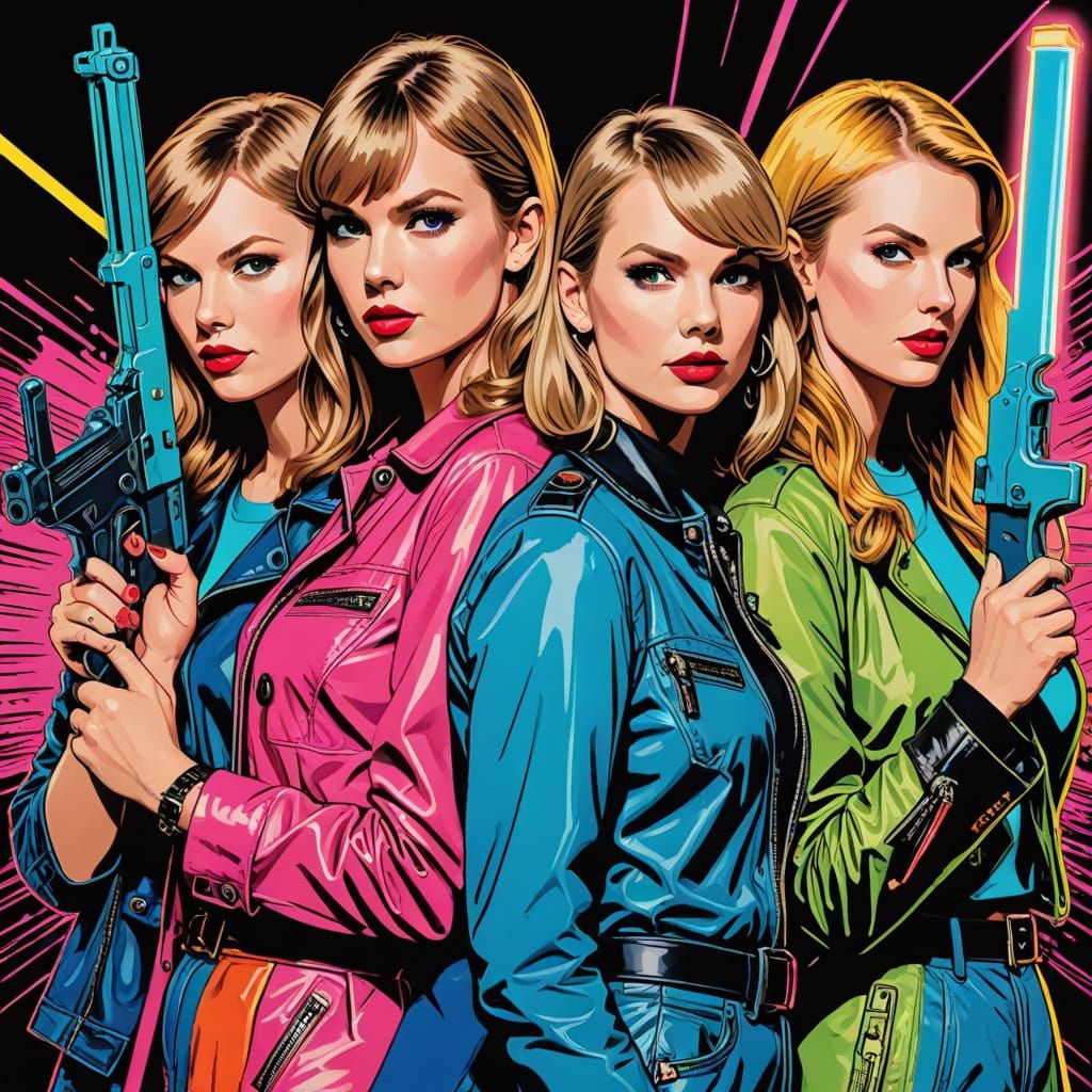 Pop Art Women Warriors with Neon Weapons