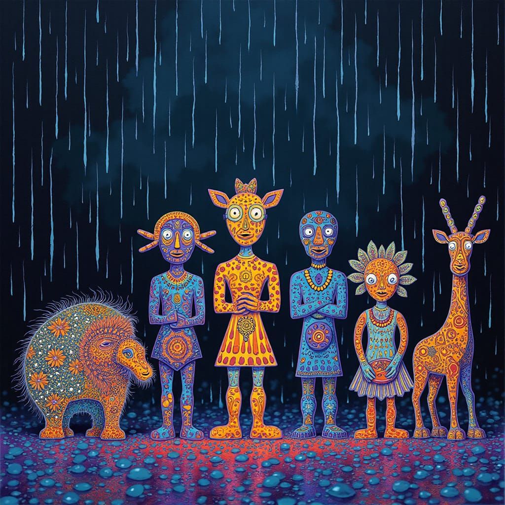 Cavemen and Animals in Geometric Bioluminescent Style