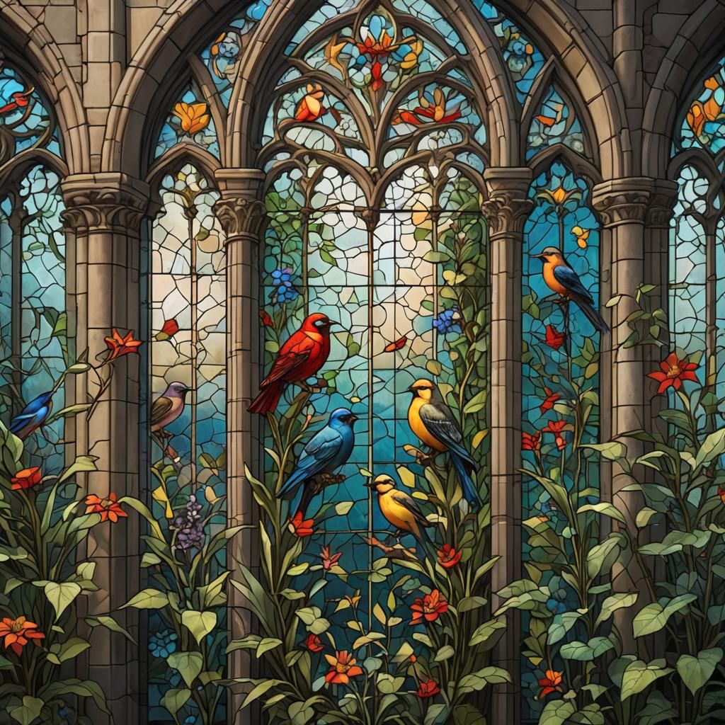 Stained Glass Window with Birds and Plants