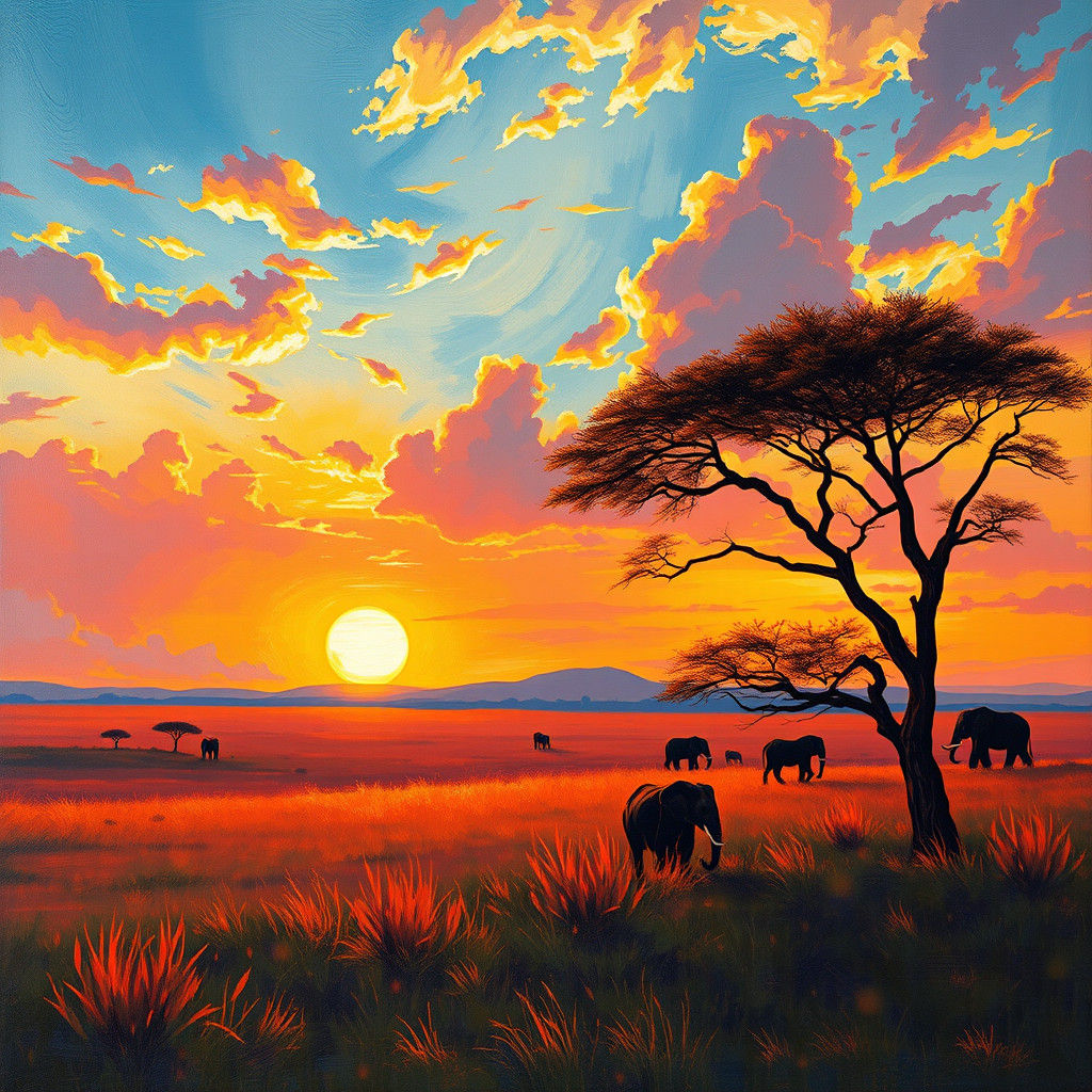 Serene Savanna Sunset in African Art Style