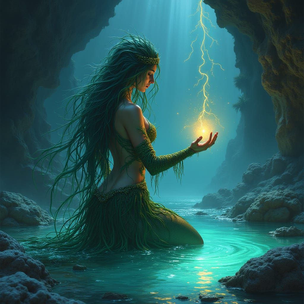 Water Genasi Sorceress Channels Magic in Coral Cave