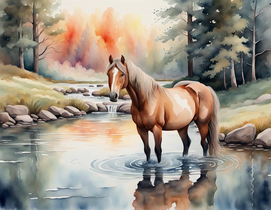 Friesian Horse Beside Stream in Watercolor Style