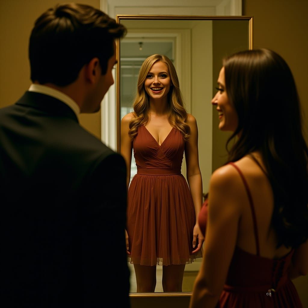 Surprised Man Sees Crossdressing Reflection in Mirror