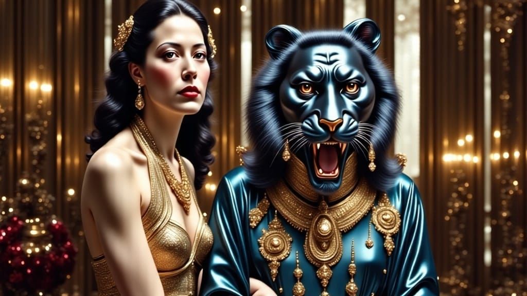 Elegant French Woman in Kimono Beside Tiger Sculpture