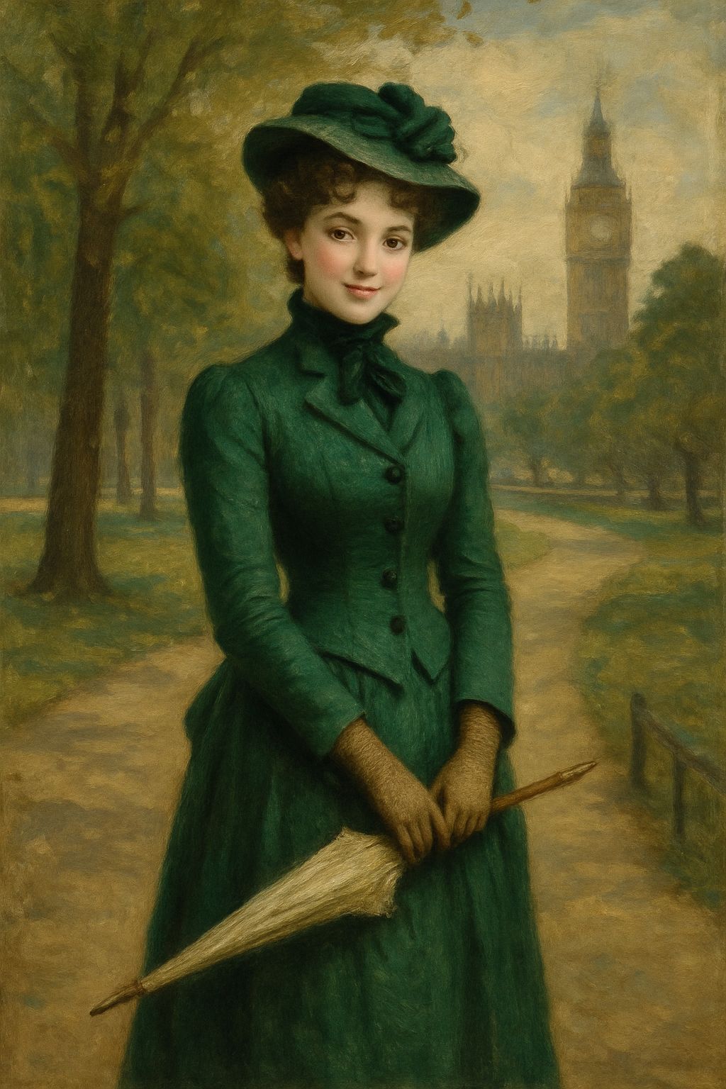 Victorian Woman in Green Walking Suit, Oil Painting