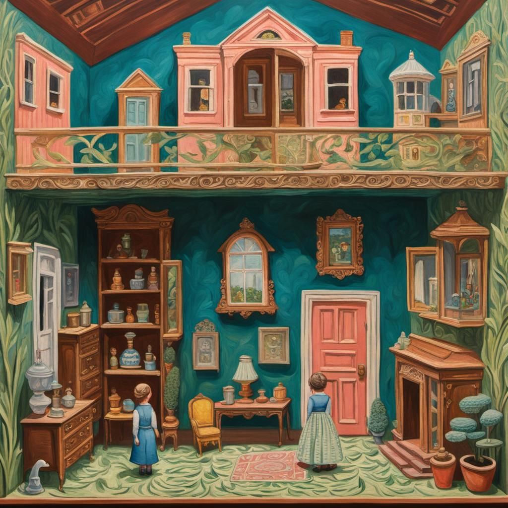 Child and Dollhouse: Gouache Watercolor Masterpiece