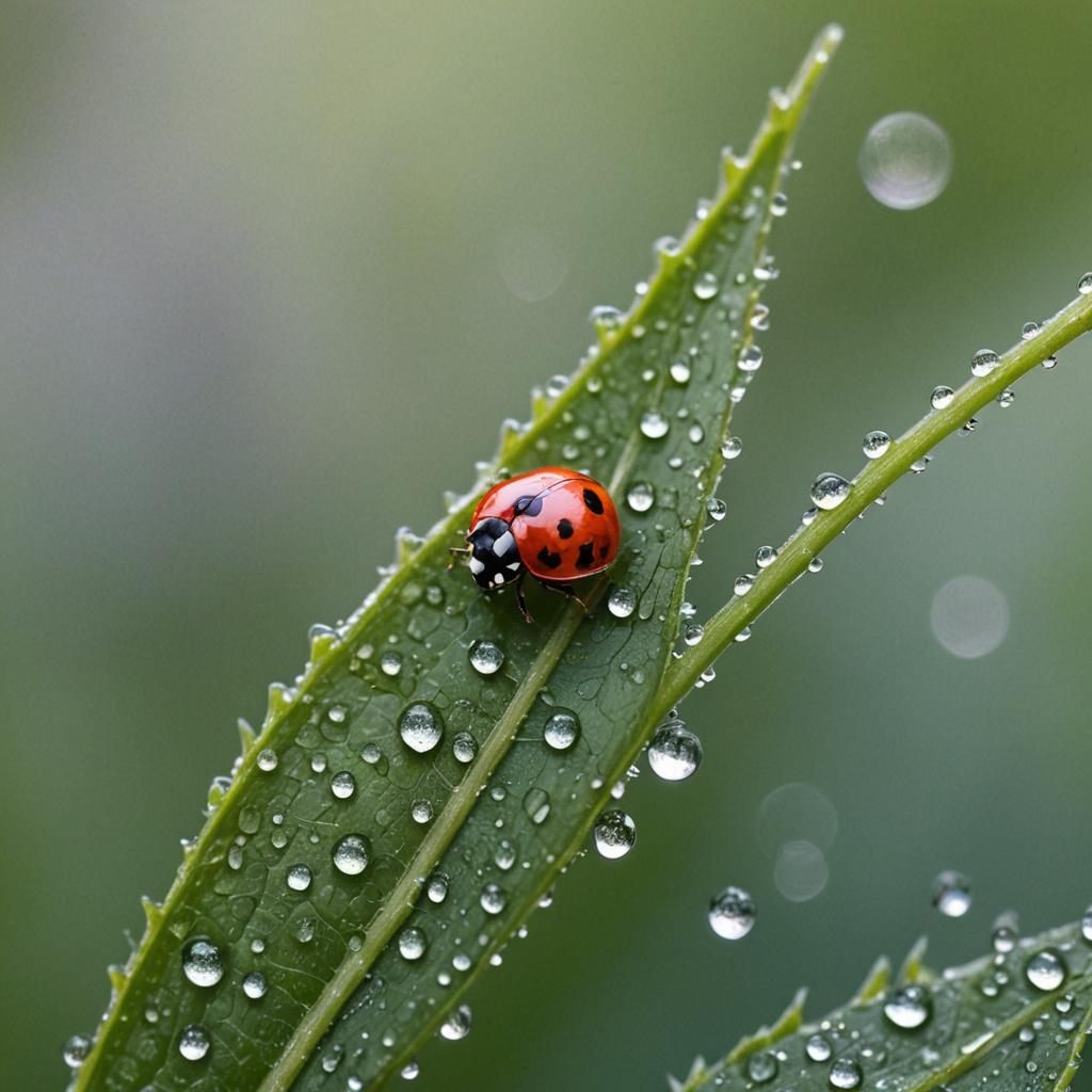 Ladybug on Leaf: Macro Photography with Dew Drops