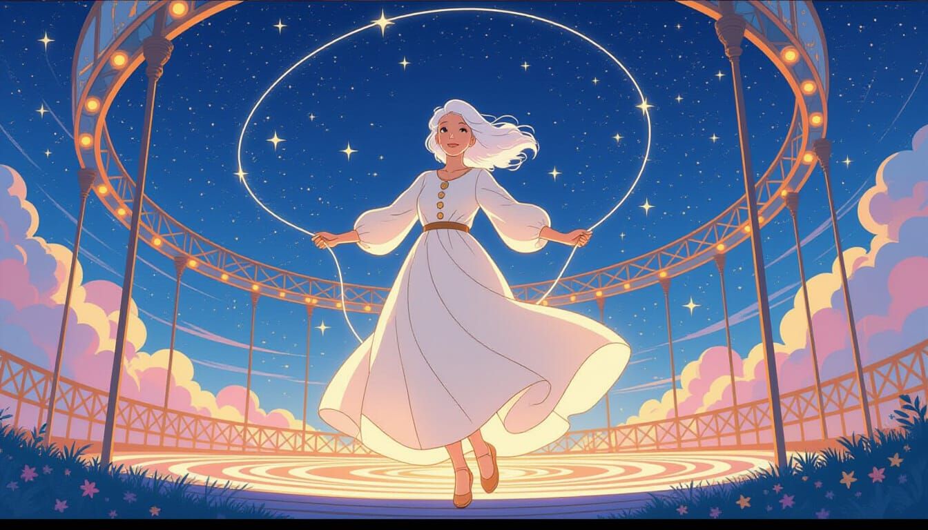 Grandmother Jumps Constellation Rope in Ethereal Style