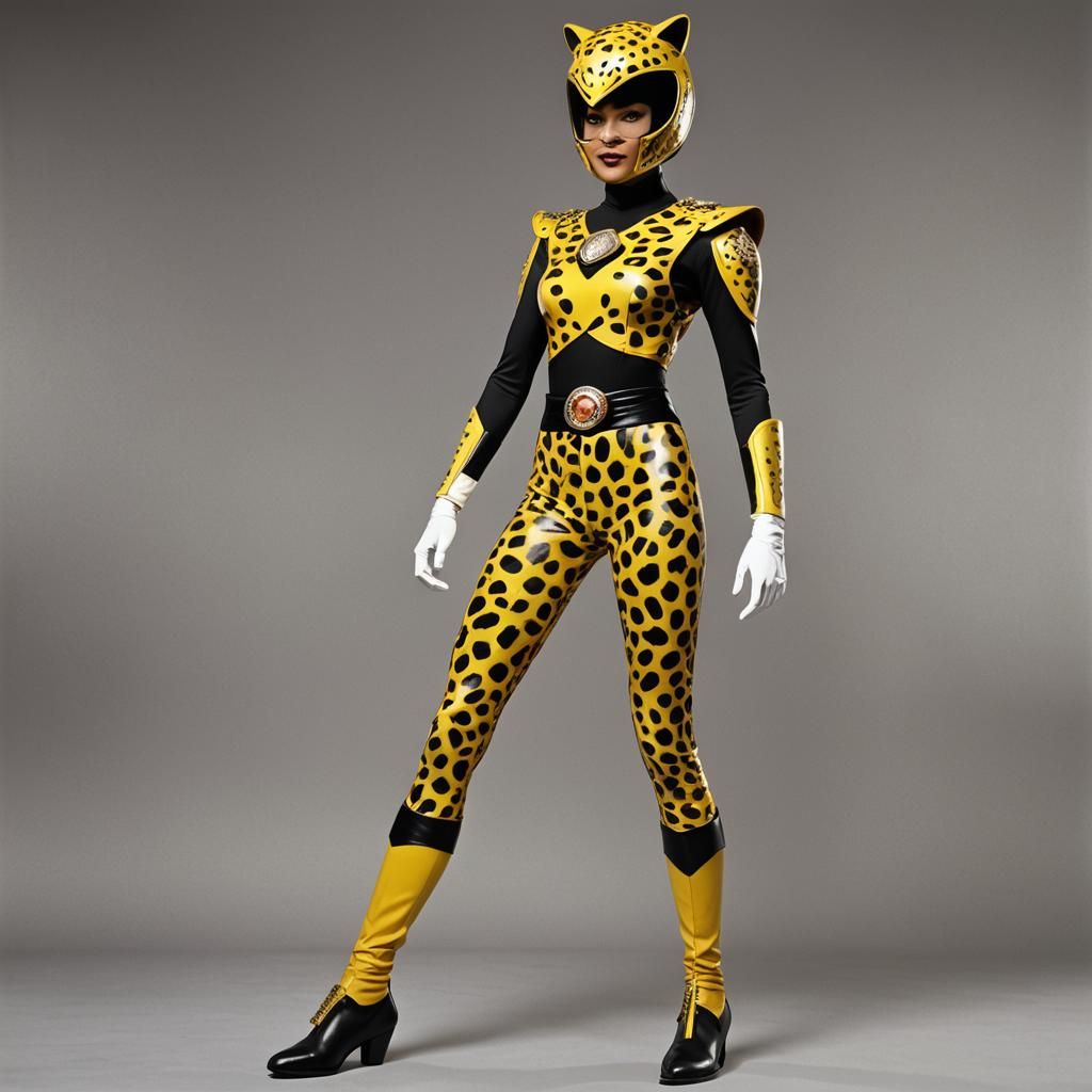 1958 18 year old vietenmese woman as Power Ranger female A bold, yellow and black jumpsuit with a leopard-inspired desi...