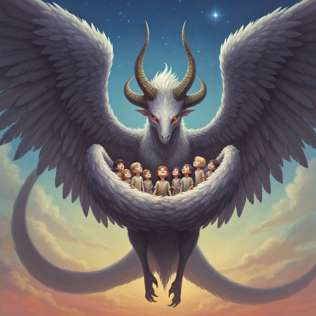 Colossal Sky Beast Cradling Children: Fantasy Concept Art