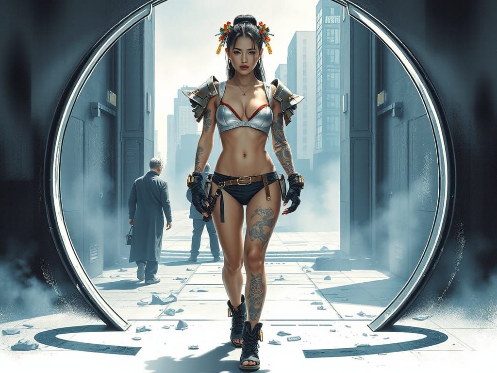 Cyberpunk Geisha Steps Through Portal