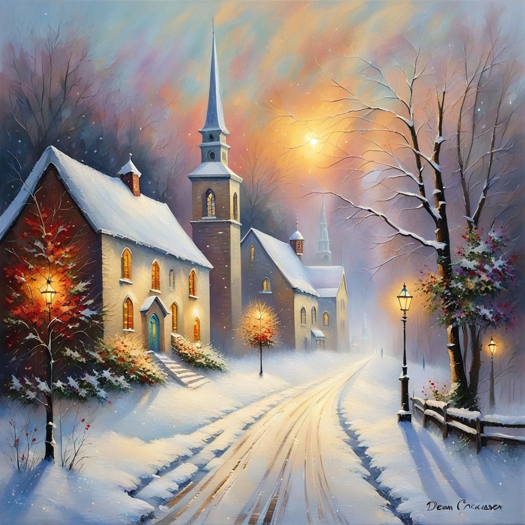 Misty Snow Village Church in Impasto Style