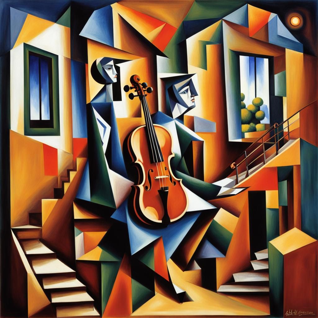 Abstract House Inside Violin Case, Cubist Style