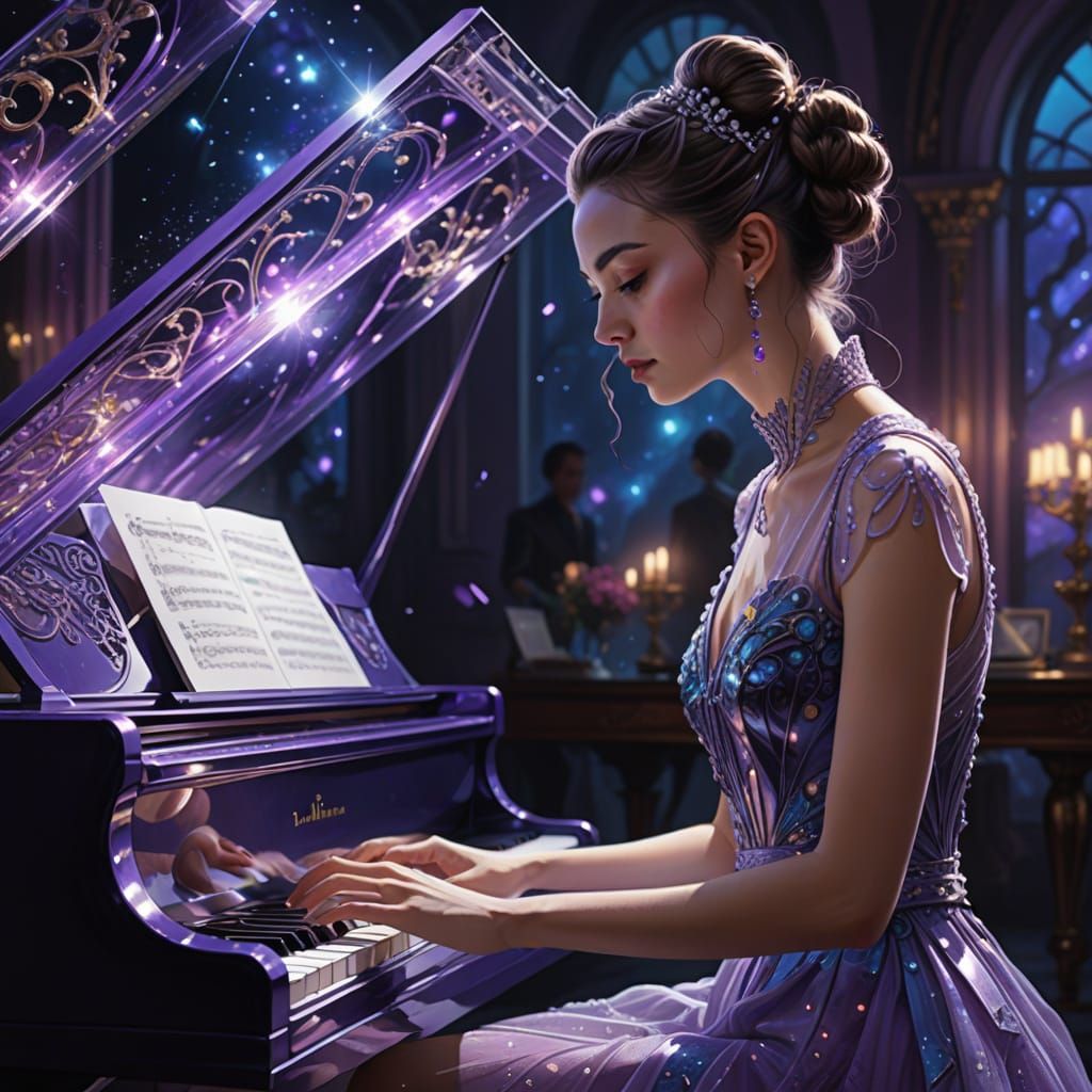 Woman Plays Transparent Purple Piano in Space Art