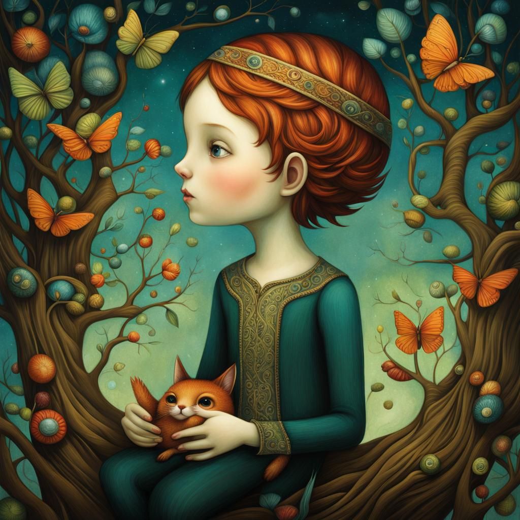 Boy on Tree Branch: Digital Painting Illustration