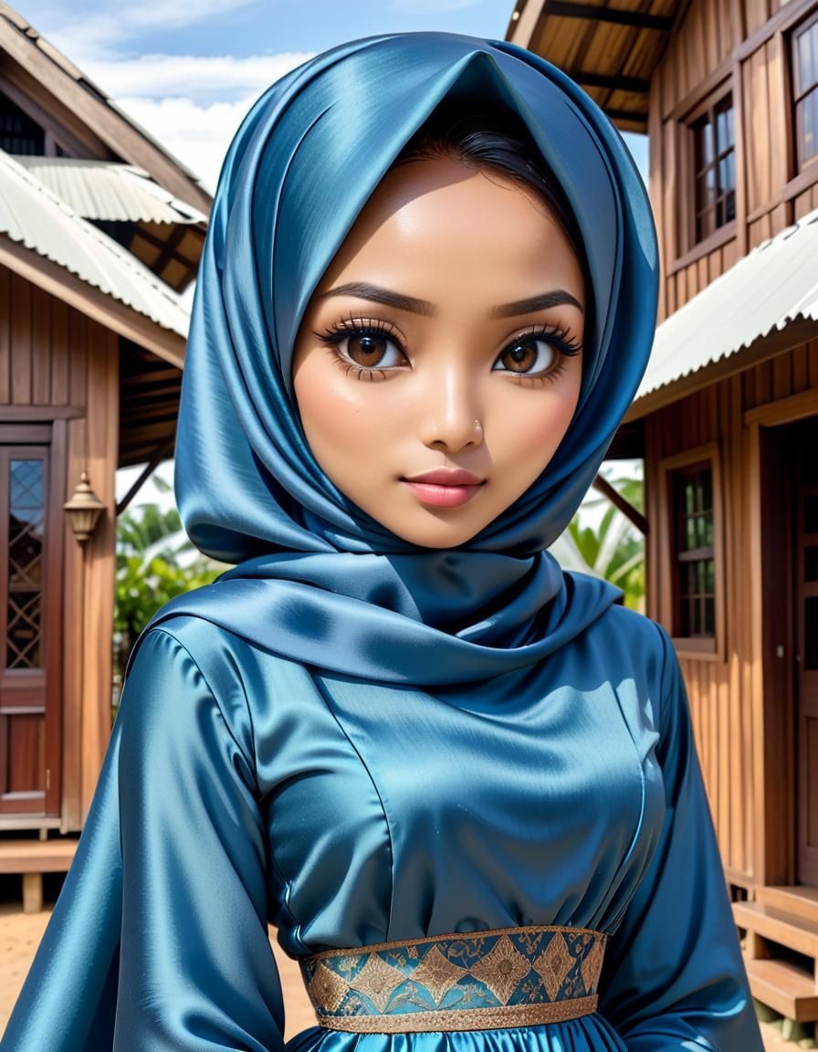 Chibi Indonesian Woman in Blue Satin Dress