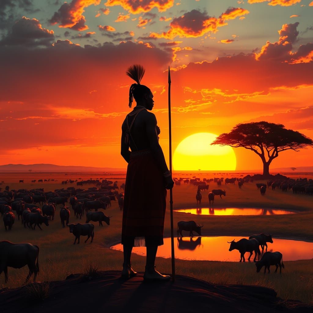 Nguni Warrior Silhouetted Against Fiery African Sunset