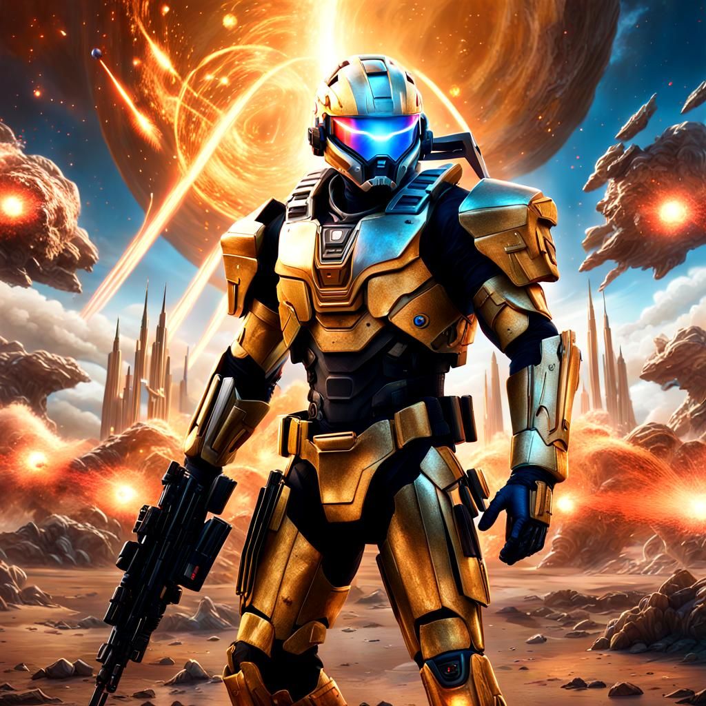 Futuristic Soldier in Gold Armor Amidst Laser Fire
