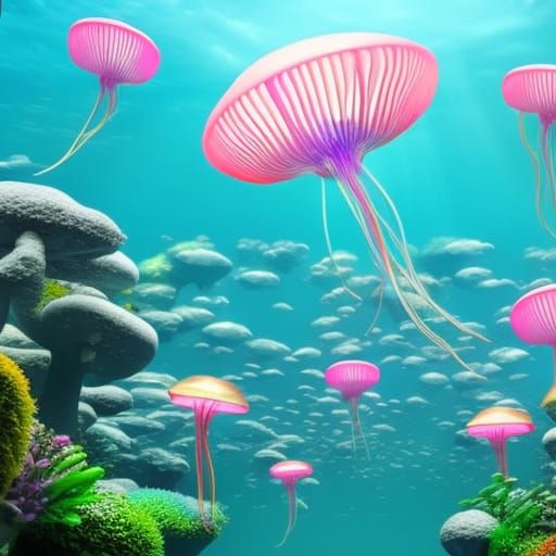 Jellyfish Fly in a Magical Garden: Hyperrealistic Splash Art