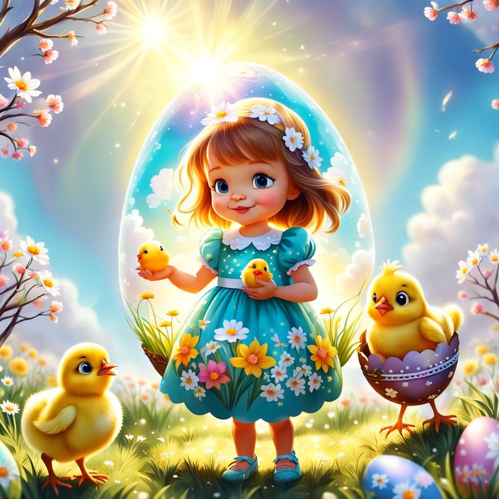 A beautiful little girl dressed in a flowery dress opens a large Easter egg inside and sees a cute little chick. cartoon...