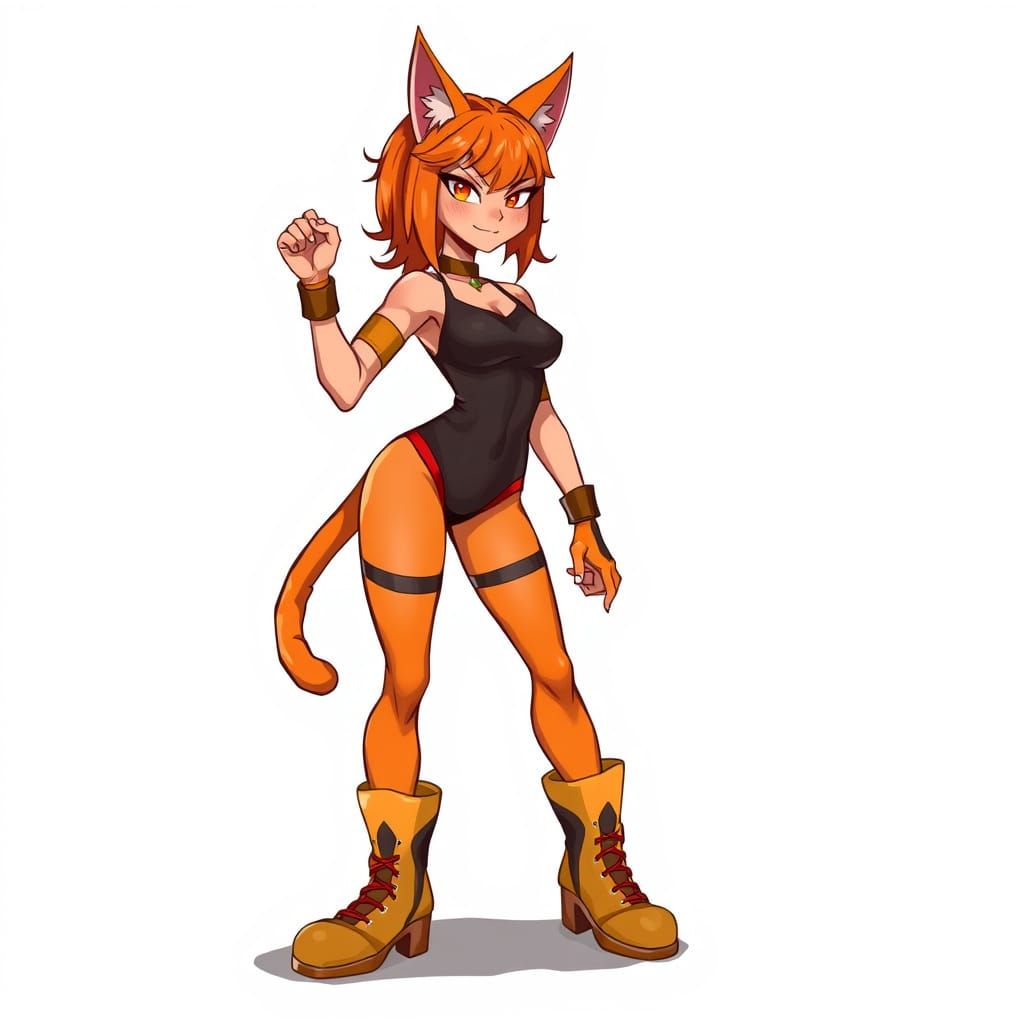 Fierce Female Pro Wrestler Catgirl with Whimsical Orange Eye...