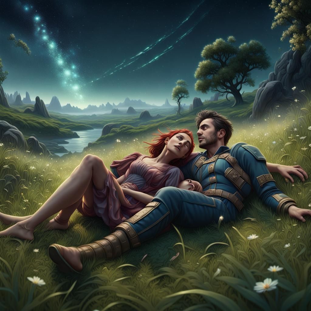 Couple Stargazing: Detailed Fantasy Concept Art