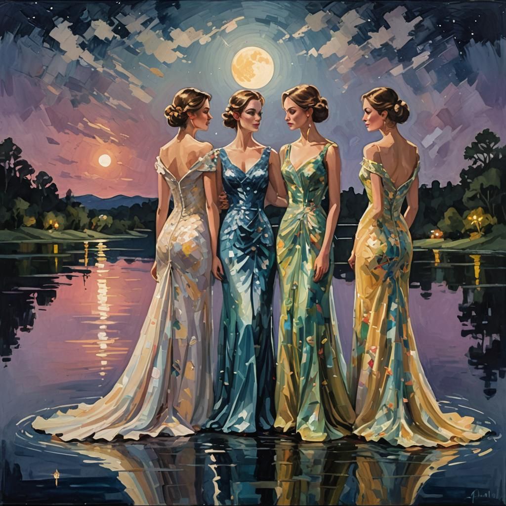 Gouache Painting: Young Women by Lake at Night