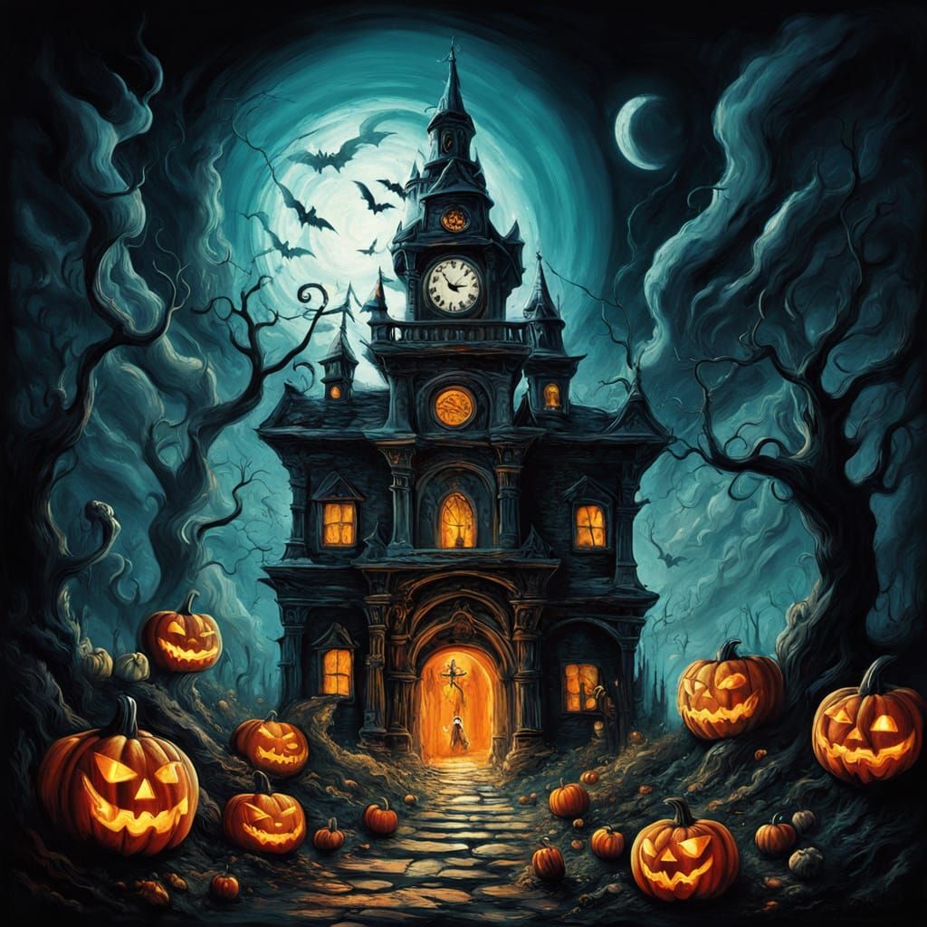 Surreal Halloween Night Oil Painting with Dalí Influence