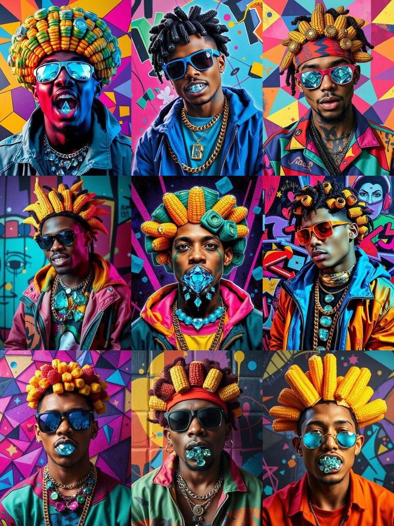 Rapper with Diamond Mouth and Neon Hair, Surreal Portrait