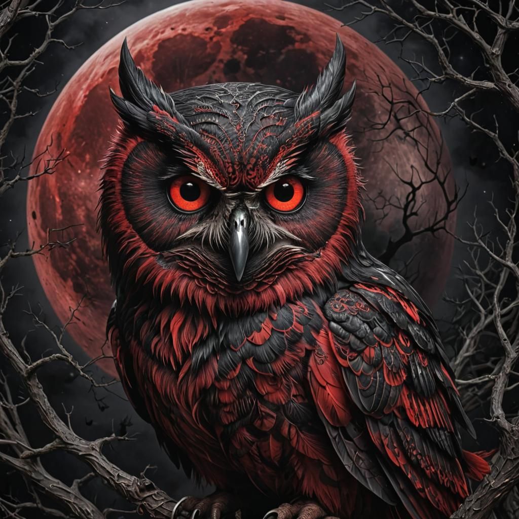 Sinister Red and Black Owl Under Evil Moon
