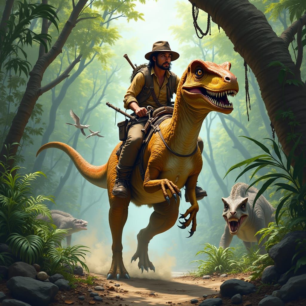 Explorer Riding a Majestic Raptor in Ancient Jungle