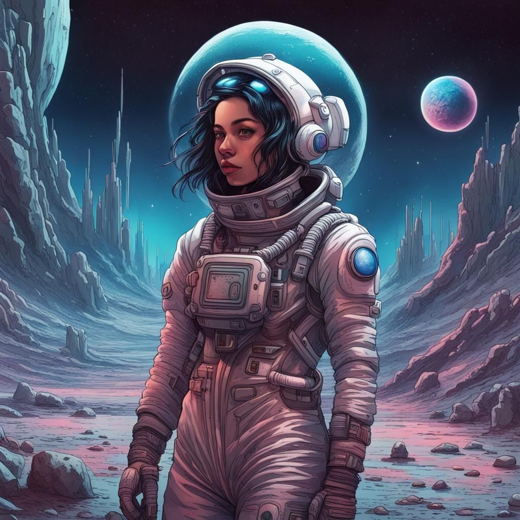 Girl in Spacesuit on Cyberpunk Moonscape