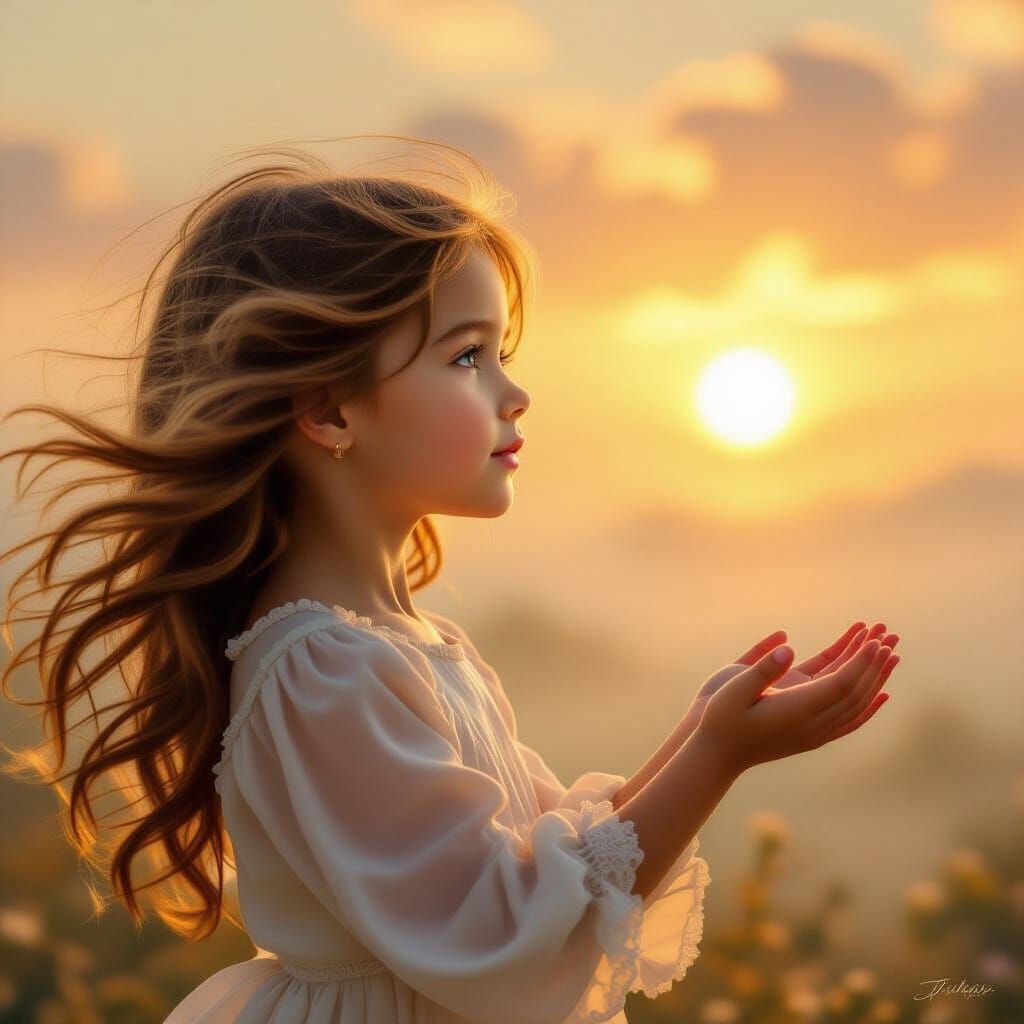 Ethereal Fantasy Girl Admires Golden Sunset