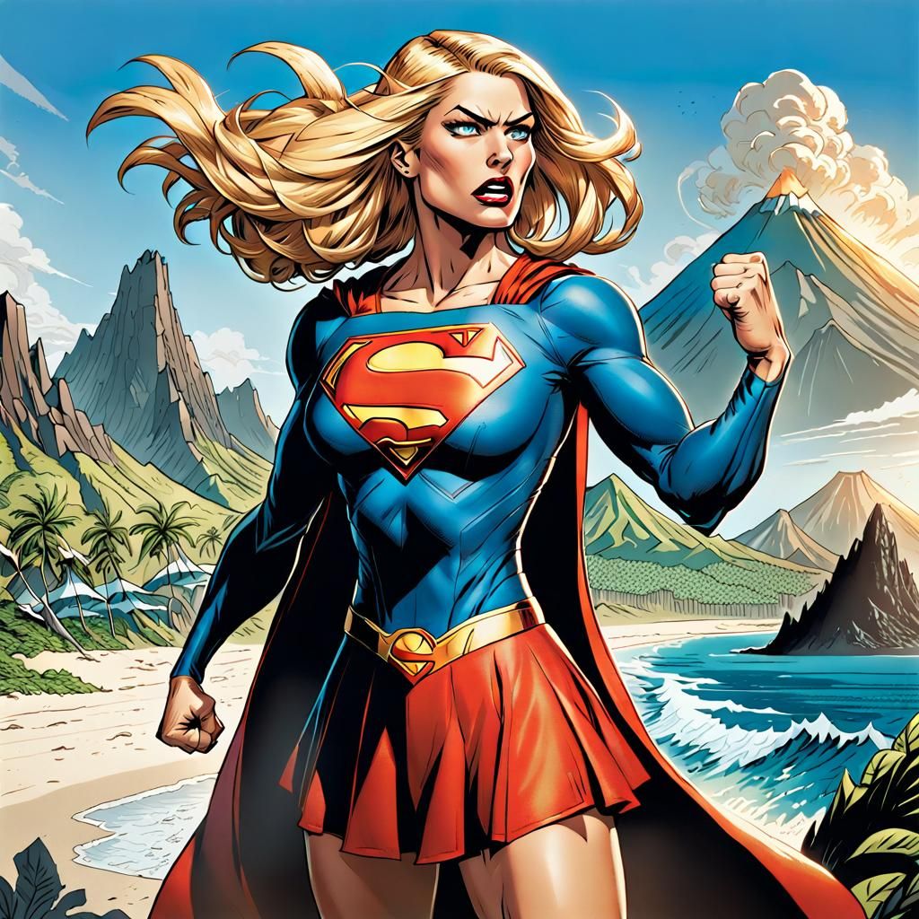 Angry Supergirl on Tropical Island in Comic Art
