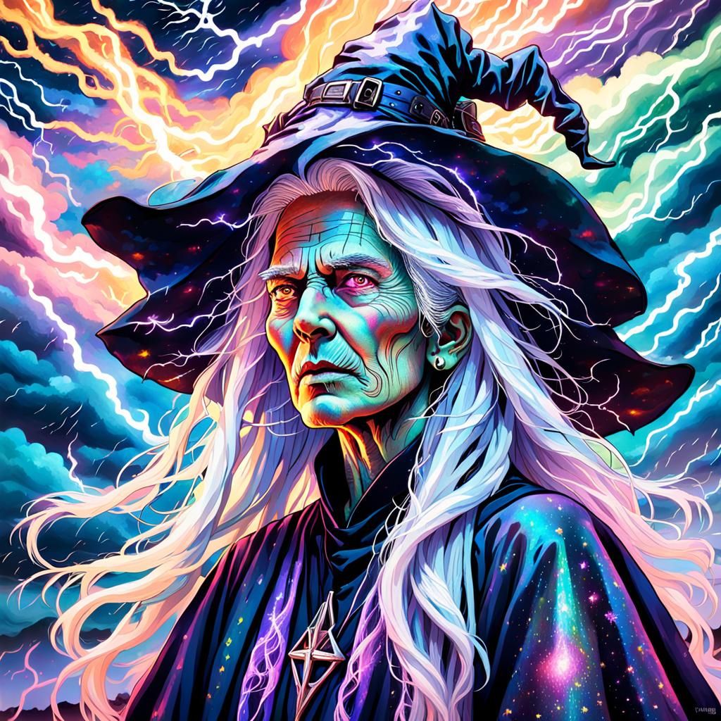 Astral Witch Portrait in Vibrant Cosmic Illustration