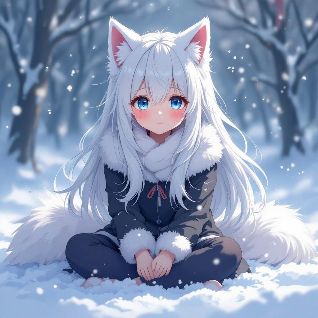 Anime Girl with Wolf Features in Snowy Scene