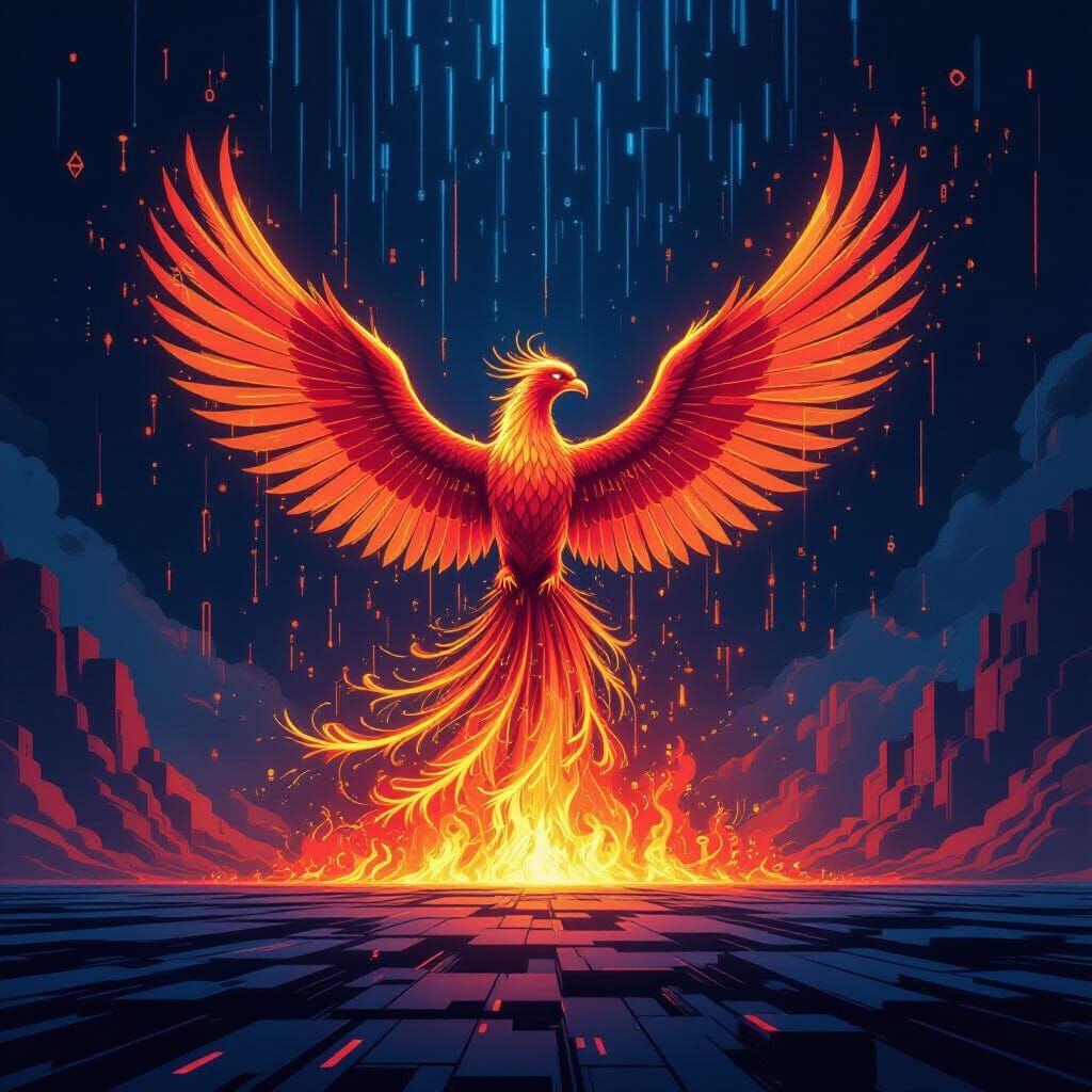 Phoenix of Binary Code Rises from Digital Inferno