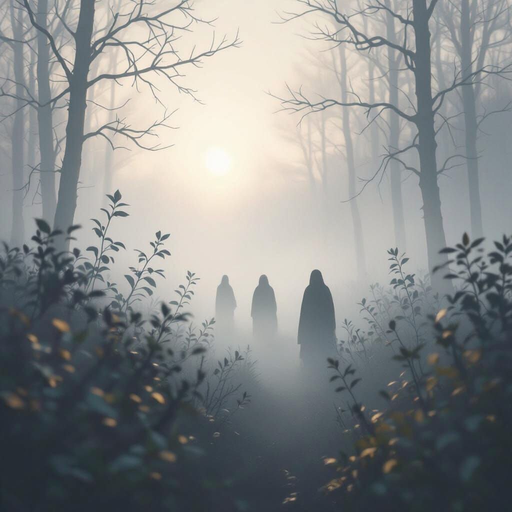 Mysterious Figures Emerge From Misty Forest Dawn