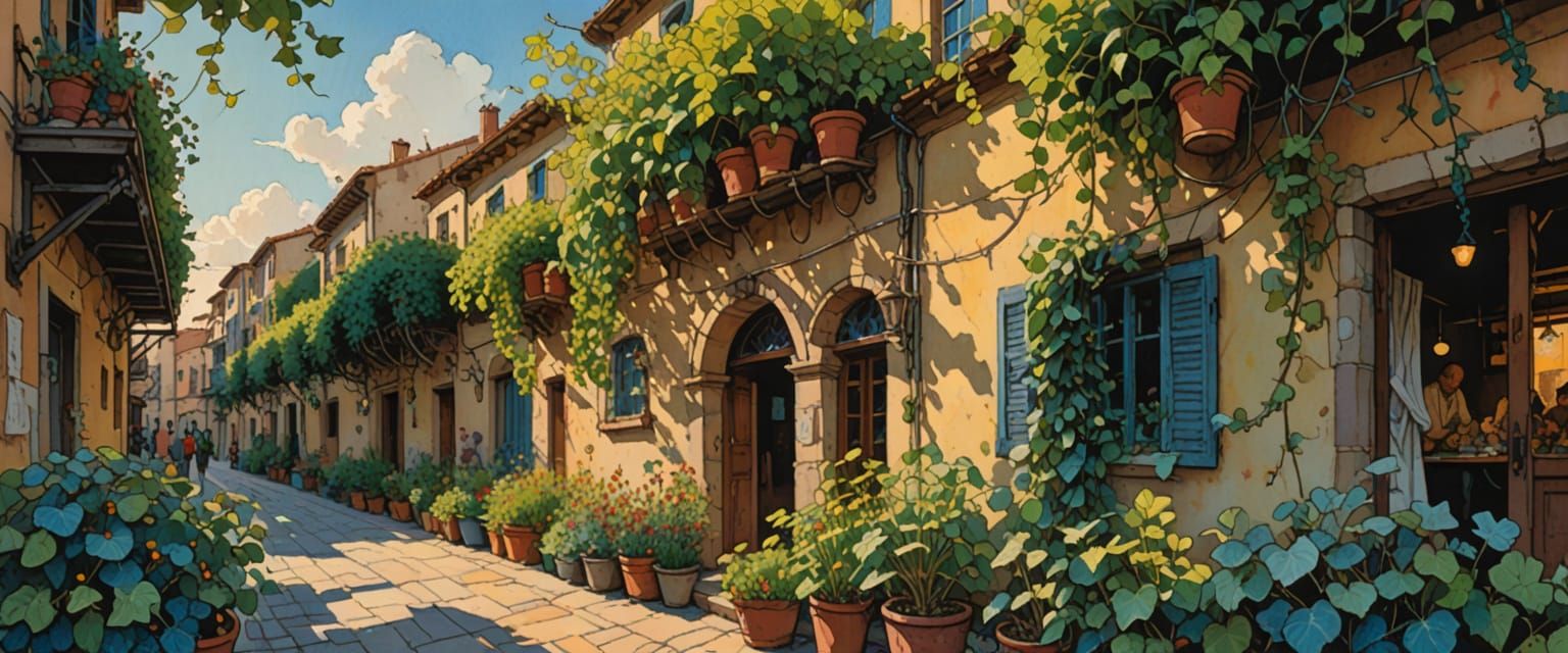 Bustling Market Under Open Sky as Gouache Painting