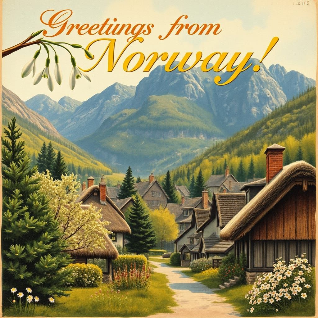 Norwegian Springtime Village in Golden Light