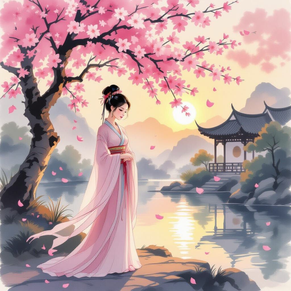 Traditional Chinese Girl Under Cherry Blossoms at Sunset