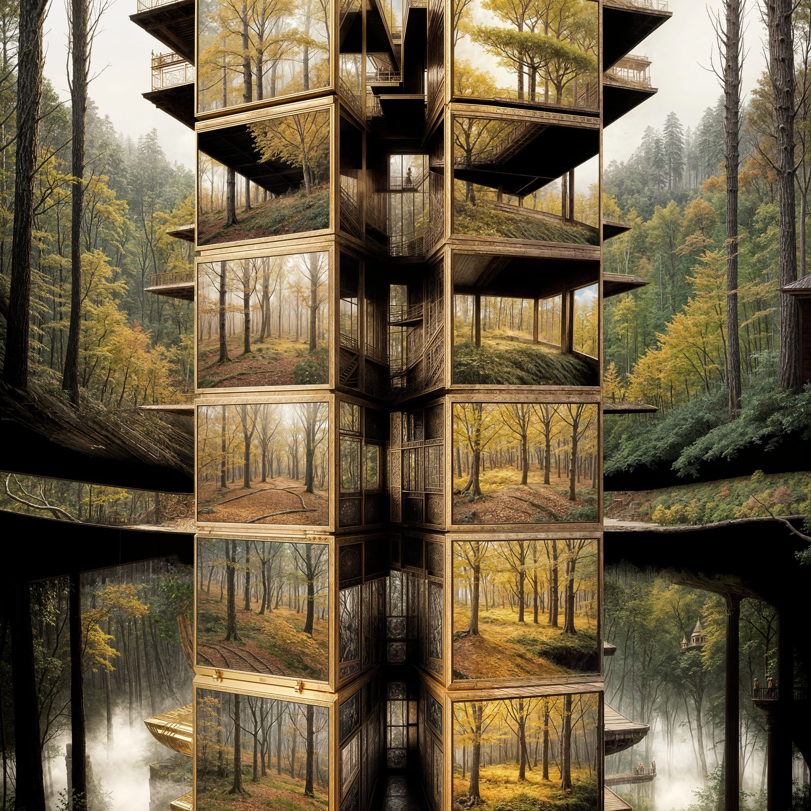 Escher-Style Puzzlebox with Abstract Cycles and Gold