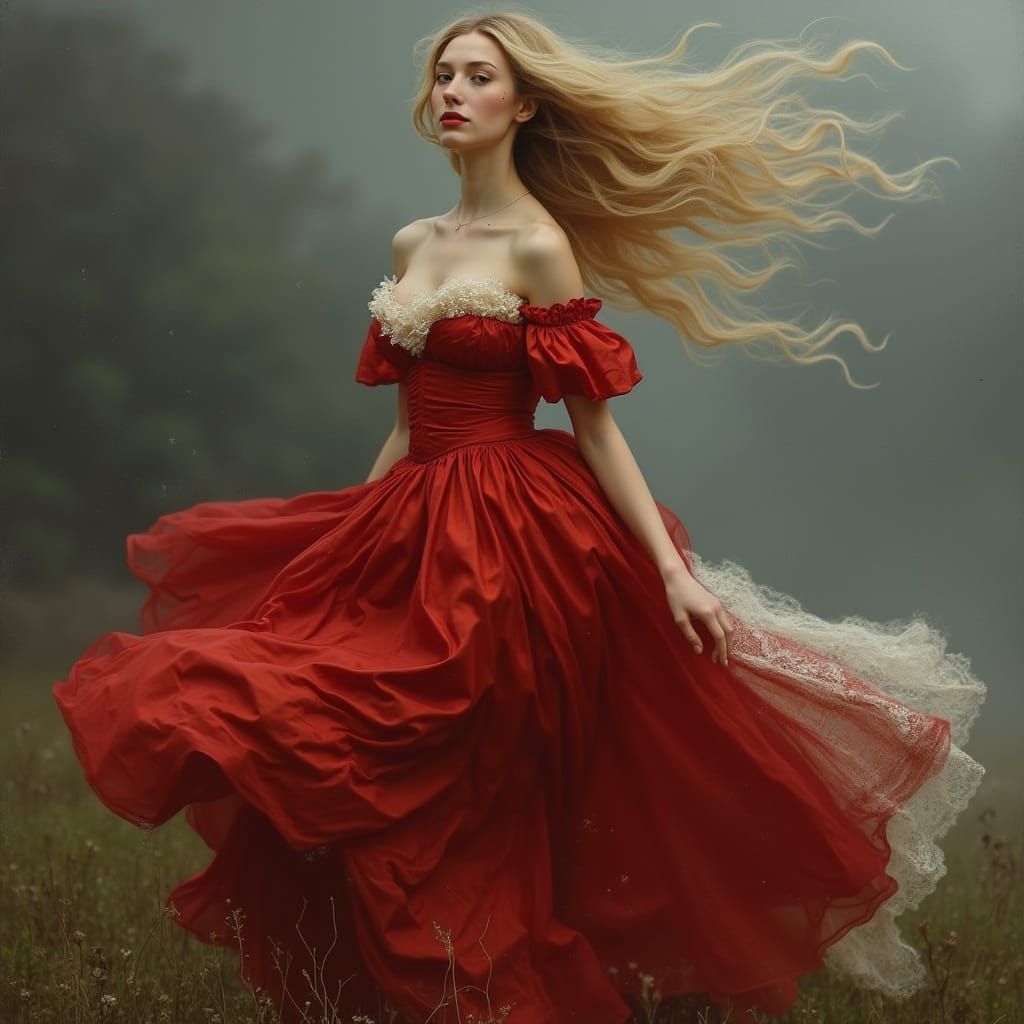 Elegant Victorian Woman in Luxurious Red Satin Gown
