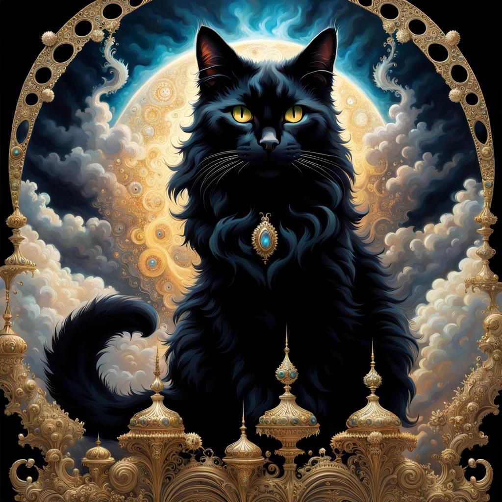 Fractal Black Cat Leaping from Cloud in Digital Art
